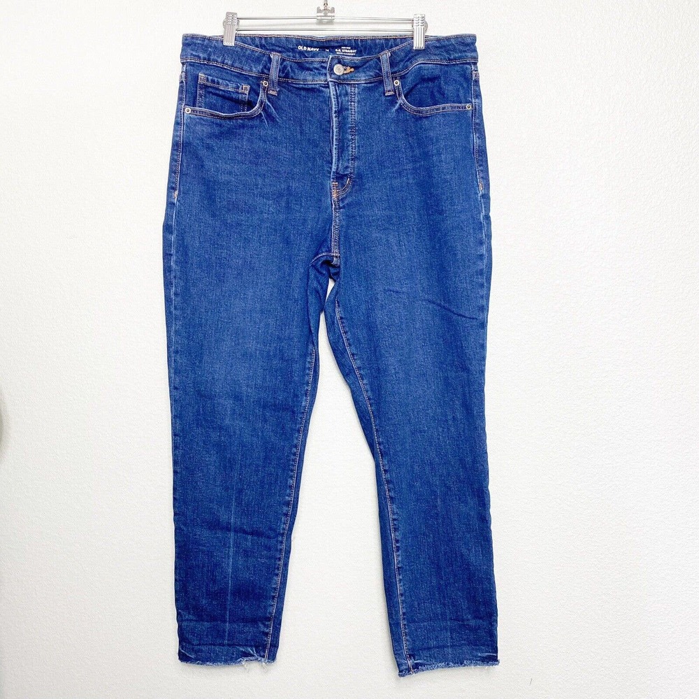 Old Navy OG Straight High Rise Jeans Women Size 14 Button Fly Raw Hem